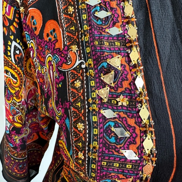 Peck & Peck Multi-Color Boho, Gold Beaded Shear Short Sleeve Cardigan - Picture 4 of 6